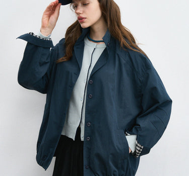 Trendy Stand-Up Collar Oversized Jacket with Checkered Panels