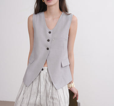 Wide V-Neck Vest with Diagonal Pockets