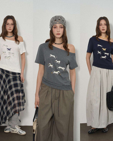 Unique Off-Shoulder Short Sleeve Top with Horse Embroidery
