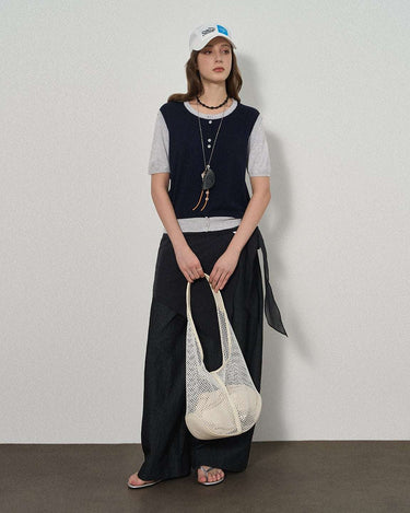 Faux Two-Piece Knit Short-Sleeve Top