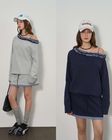 Chic Off-Shoulder Casual Set with Navy Plaid Lace Trim