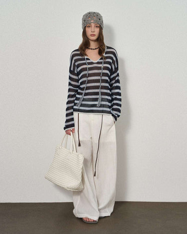 Striped Drawstring Fringe Sweater with 90s Vibe