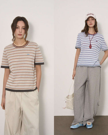 Vintage-Inspired Contrast-Striped Short-Sleeve Shirt