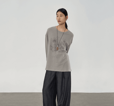 Printed Pattern Cotton T-Shirt with Sunflower Detail