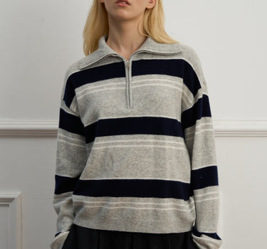Vintage Wide-Stripe Half-Zip Wool Sweater