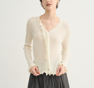 Vintage Ribbed Knit Sweater with Ruffle Trim