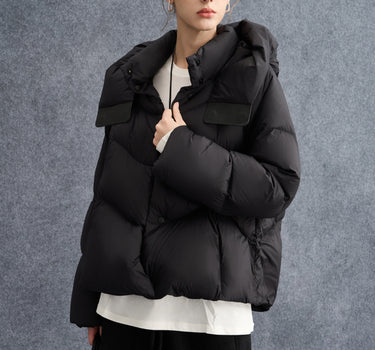 Leather-Buckle Hooded Down Coat for Women