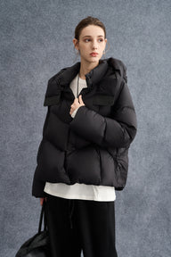 Leather-Buckle Hooded Down Coat for Women