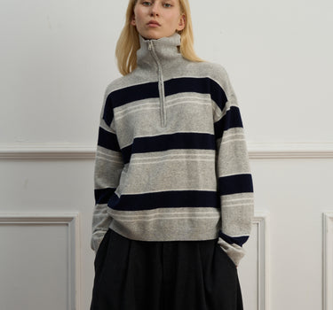 Vintage Wide-Stripe Half-Zip Wool Sweater