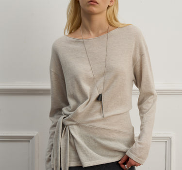 Long-Sleeve Tie-Neck Merino Wool Sweater