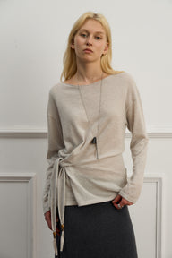 Long-Sleeve Tie-Neck Merino Wool Sweater