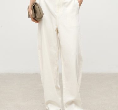 Cotton-Linen Wide-Leg Pants with Curved-Cut Tailoring