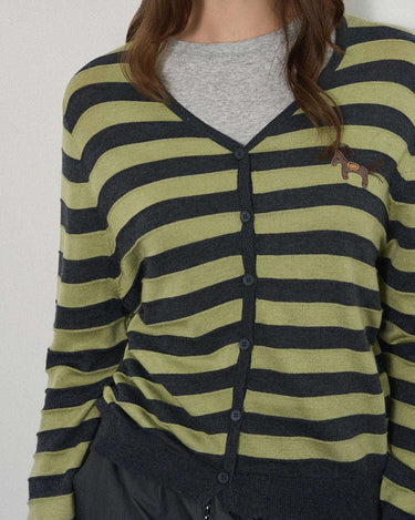 Embroidered Pony Striped Cardigan with Retro Appeal