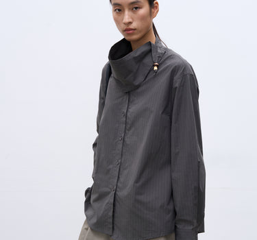 Asymmetric Collar Beaded Striped Cotton Shirt