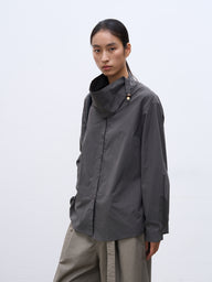 Asymmetric Collar Beaded Striped Cotton Shirt