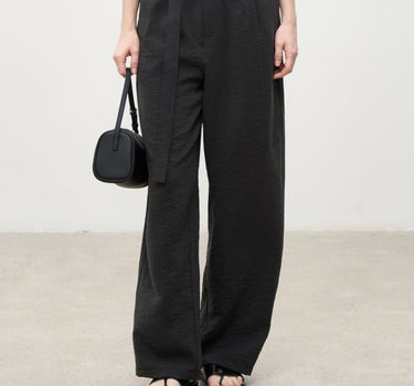 Textured Silk Straight Pants with Buckle Detail