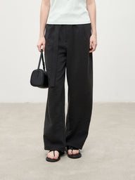 Textured Silk Straight Pants with Buckle Detail