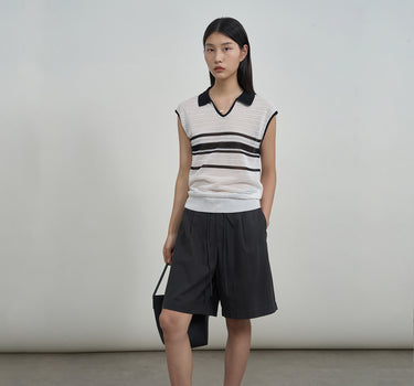 Striped V-Neck Openwork Knit