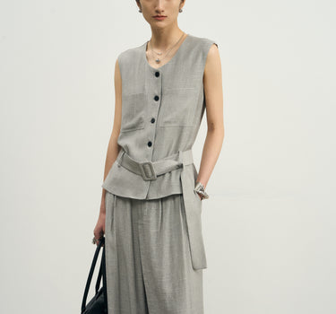 Linen-Look Belted Vest and Pants Set
