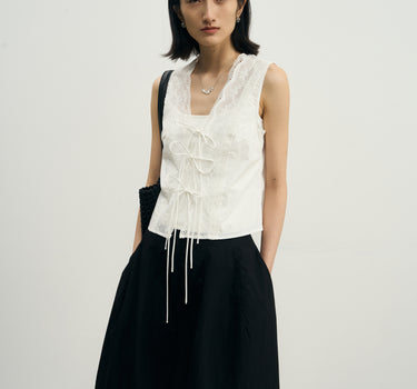 Lace-Trimmed Tie-Front V-Neck Blouse