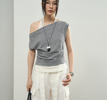 Striped Halter Top with One-Shoulder Design