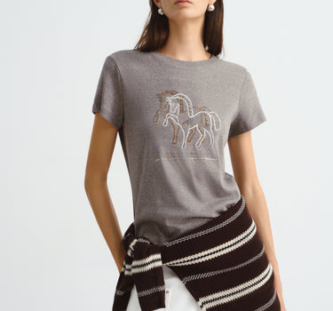 Fitted Cotton Graphic T-Shirt with Horse Embroidery