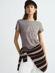 Fitted Cotton Graphic T-Shirt with Horse Embroidery