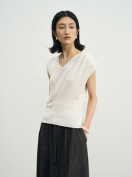 Tie-Front Sleeveless Top with Flowing Ribbon