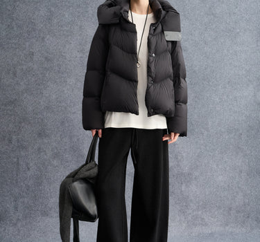 Leather-Buckle Hooded Down Coat for Women