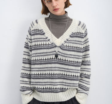 Mohair V-Neck Vintage Striped Sweater | Retro Knit