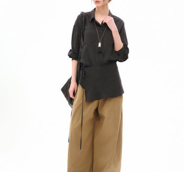 Vertical-Striped Waist-Cinched Loose-Fit Top