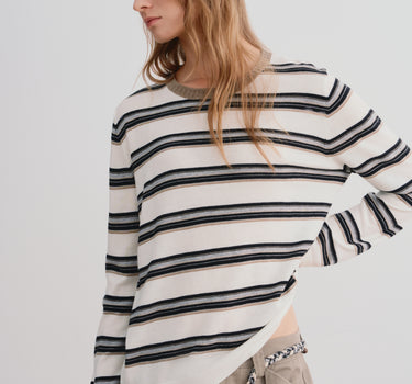 Color-Blocked Striped Crew Neck Top