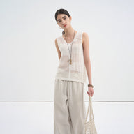 Sheer Layered Crochet Lace-Up Tank Top