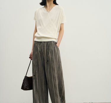 Pleated V-Neck Short-Sleeve Knit Top