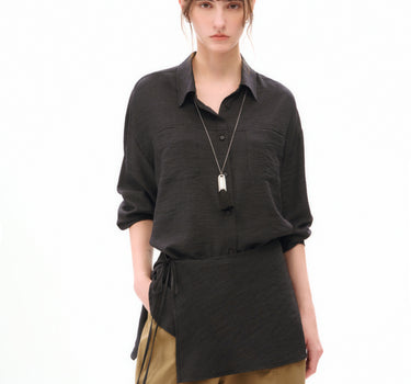Vertical-Striped Waist-Cinched Loose-Fit Top