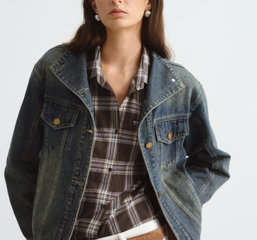Women’s Vintage Cropped Denim Jacket with Stand Collar