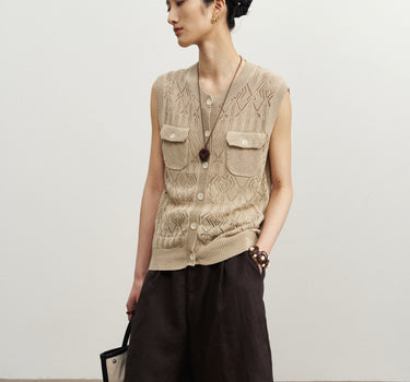Double-Pocket Openwork Knit Vest