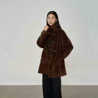 Mid-Length Retro Shearling Coat with Horn Buttons
