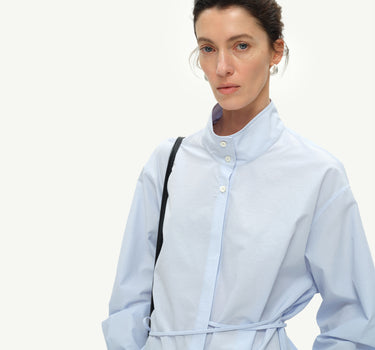 Elegant Stand-Up Collar Shirt with Waist Rope Design