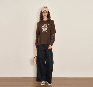 Retro Print Faux Two-Piece Fall Long Sleeve