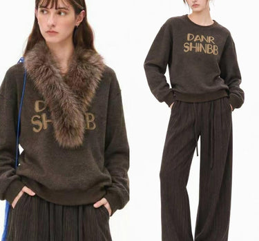Faux Fur Collar Letter-Embroidered Sweatshirt for Women