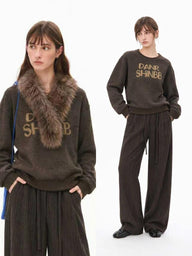 Faux Fur Collar Letter-Embroidered Sweatshirt for Women