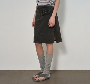 Distressed Workwear Denim Skirt with Patchwork Details