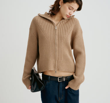 Ribbed Knit High-Neck Cardigan