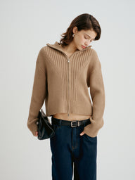 Ribbed Knit High-Neck Cardigan