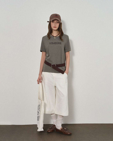 Letter Print T-Shirt with Tonal Embroidery