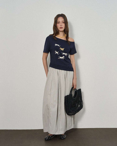 Unique Off-Shoulder Short Sleeve Top with Horse Embroidery