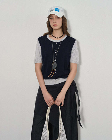 Faux Two-Piece Knit Short-Sleeve Top