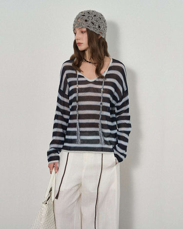 Striped Drawstring Fringe Sweater with 90s Vibe