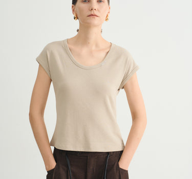 Embroidered U Neck Short Sleeve T Shirt